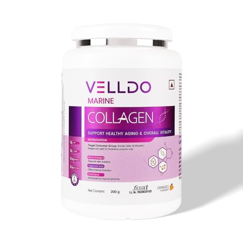 Image of Leeford Velldo Marine Collagen Supplement with Vitamin C & E for Men and Women, for Healthy Skin, Hair, Nails, Bones & Joints | Orange Flavour, Sugar Free & Gluten-free 200 g