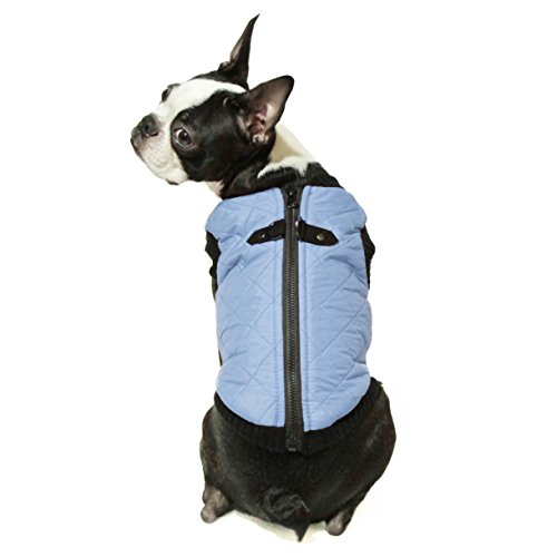 Image of Gooby Fashion Vest Dog Jacket, Gray, Medium | Quilted bomber, water-resistant; Stretch knit bottom; Dual D-ring leash; Pain-free zipper guard; Warm