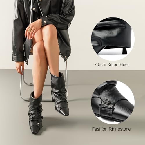 Women's Fold Over Boots Kitten Heel Pointed Toe Stiletto Slouchy Fashion Comfortable Slip On Dressy Boots3