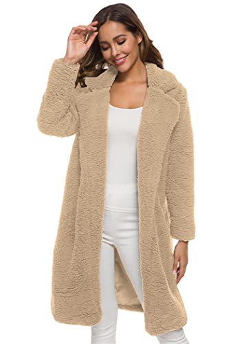 OMZIN Damen Revers Parka Faux Mantel Wollmantel Mantel Plüschjacke Plüschmantel Teddy Fleece Jacke Lang Cardigan Outwear Coat Übergangsjack Beige L