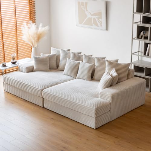 CONCEPT USINE | Canapé 4 Places Cardiff Velours Côtelé Beige | Modules Symétriques | Coussins Déhoussables | Assise Profonde Confort Mi-Ferme | Design Chic et...