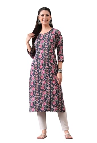 Image of Ichaa Women's Pure Cotton A-Line Katha-Work Ethnic Round-Neck Kurta with 3 /4th Sleeve for Daily and Office Wear, in Plus Sizes