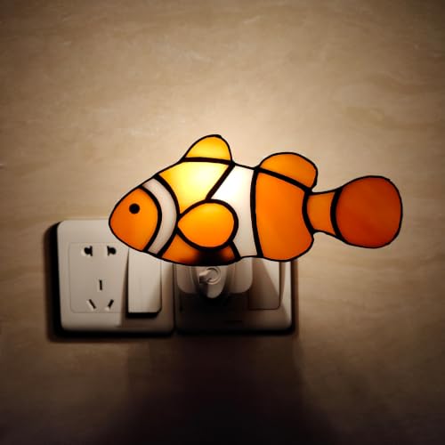 Image of CHEZBABY Stained Glass Red Clownfish Plug-in Night Light | Art glass shade, 1W LED bulb, 120V rotatable plug with switch, Ocean-inspired charm for bedroom,hallway,living room,kitchen.