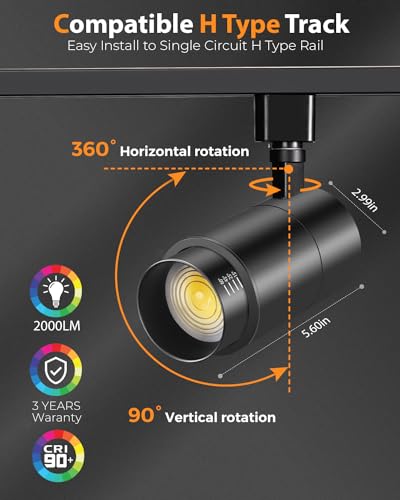 Image of VANoopee 3-Color Zoomable 20W LED Track Lighting Heads H Type Track Light Heads Dimmable Bright Ceiling Spotlight Fixtures for Kitchen, 3000K 4000K 5000K Adjustable, CRI90+ 15-60 2000lm Black 3 Pack