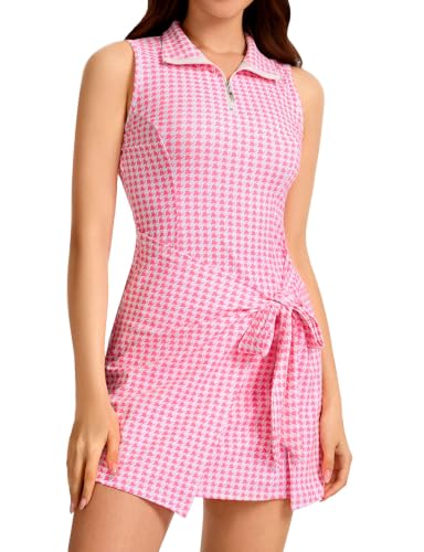 Viracy Golf Dress for Women Sleeveless Zip Up Collar Summer Athletic Dress Tie Wrap Built in Shorts & Pockets for Tennis - Pink Houndstooth Medium