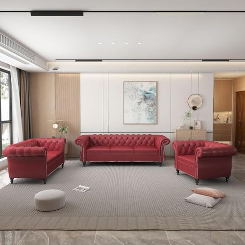 Image of WOODEN WORLD Modern & Classic Leather Sofa Set - Luxurious Comfort, Stylish Design, and Durable Build (Red, 3+2+1 Seater)