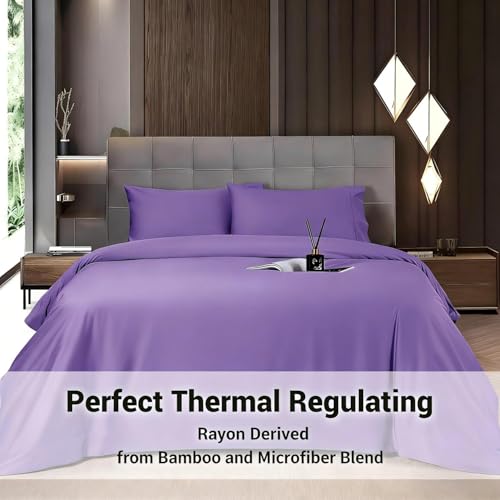 Image of Shilucheng 4 Piece Queen Sheet Sets, Cooling Sheets, Blend Rayon Derived from Bamboo, Deep Pocket Up to 16 inch, Breathable & Soft Bed Sheets, Hotel Silky Bedding Set, Purple