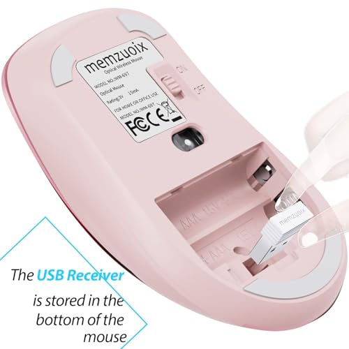 Image of memzuoix 2.4G Wireless Mouse, 1400 DPI Mobile Optical Cordless Mouse with USB Receiver, Portable Computer Mice for Laptop, PC, Desktop, MacBook, 5 Buttons (Pink)