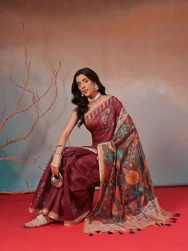 Image of Amazon Brand - Anarva Women's Kalamkari Saree With Blouse Piece