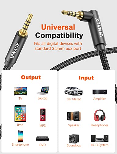 Trrs 90 Degree Aux Cable,Vanaux 3.5Mm Audio Cable 4-Pole [Microphone Compatible ] Male To Male Aux Cord Compatible With Smartphones, Tablets, Car Home Stereos, Headphones, Speaker (90° Trrs-3.3Ft/1M) #TOP3