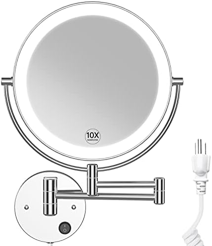 Benbilry LED Wall Mounted Makeup Mirror 9 Inch Super Large Size Double Sided with 1x/10x Magnification Extendable Lighted Magnifying Vanity Mirror with Lights 360° Swivel Round Bathroom Mirror