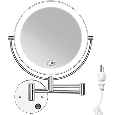 Benbilry LED Wall Mounted Makeup Mirror 9 Inch Super Large Size Double Sided with 1x/10x Magnification Extendable Lighted Magnifying Vanity Mirror with Lights 360° Swivel Round Bathroom Mirror Cover