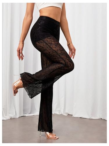 Verdusa Women's Floral Lace Sheer Flared Pants High Waisted Lettuce Trim Fitted Trousers4