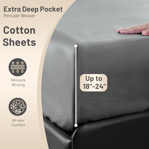 MEISHANG Extra Deep Pocket Queen Sheets Cotton - 1000 Thread Count Sheets - Fits 18"-24" in Deep Mattress,100% Egyptian Cotton,Sateen Weave, Soft & Breathable - 4 Piece (Queen, Dark Grey)