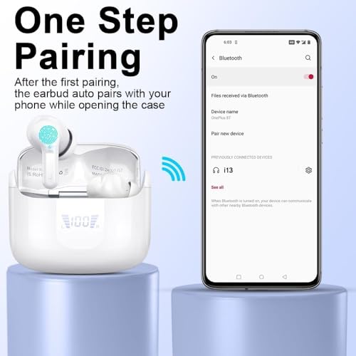 Image of Wireless Earbuds, 2026 Bluetooth 5.4 Headphones NEW Ear Buds 40H Bass Stereo in-Ear Earphones ENC Noise Cancelling Earbuds with 4 HD Mic, USB-C LED Display IP7 Waterproof Sport Headset for Android iOS