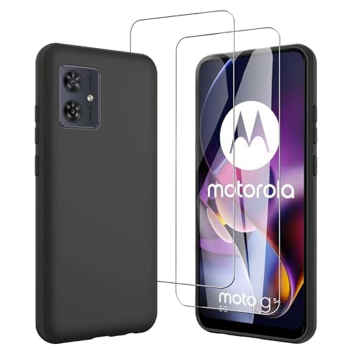 Cover Compatibile con Motorola Moto G54 5G 6.5 e 2 Pezzi Pellicola Protettiva in Vetro Temperato - Nero Morbido Silicone Custodia Protettivo TPU Protezione Case Black