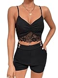 SheIn Damen Spitzen Crop Cami Top Bauchfrei Sommer Tops Tiefer V Ausschnitt Spaghettiträger Cropped Camisole Schwarz M