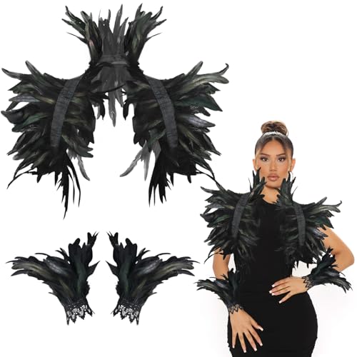 Herbst Damen Gothic Feder Cape Schwarz für Cosplay Party Feste Karneval Halloween