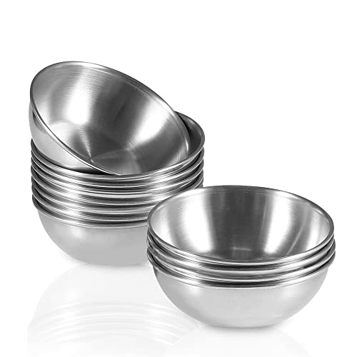 Amytalk 12 Pack 3.2inch Stainless Steel Sauce Dishes Mini Individual Saucers Bowl Round Seasoning Dishes Sushi Dipping Bowl Appetizer Plates, Sliver