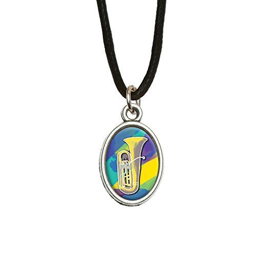Tuba Player - Band Instrument Music Brass Antiqued Oval Charm Pendant with Black Satin Cord