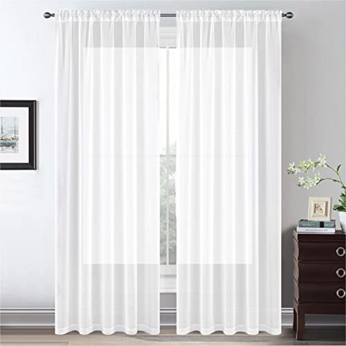 Highseason White Sheer Curtains 96 Inches Long,Solid Rod Pocket Top Draperies For Living Room/Bedroom(White,Set Of 2,52 X 96 Inch Length) #TOP28