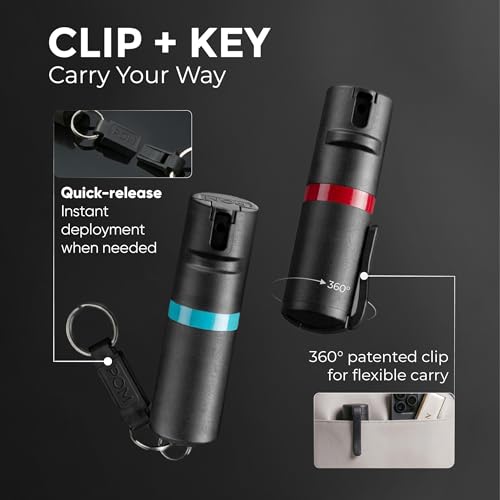 Image of POM Pepper Spray Combo Pack Clip & Keychain - Maximum Strength OC Spray Self Defense- Tactical Compact & Safe Design - 25 Bursts & 10 ft Range - Stream Spray Pattern