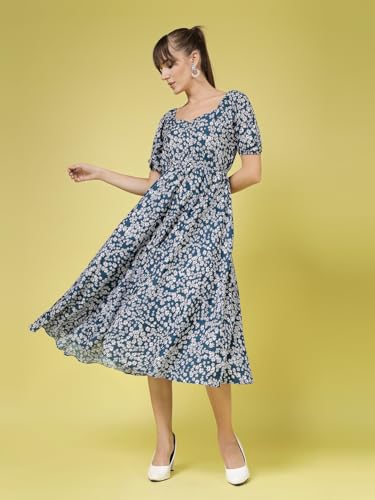 Image of OOMPH! Below Knee Shift Pink Dress in Crepe Fabric with Round Neck and Puff Sleeves - md619l