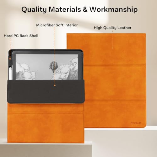 Image of CoBak Case for 11 inch Kindle Scribe 3rd Generation 2025, Kindle Scribe Colorsoft with Two Viewing Angles - All New PU Leather Cover with Auto Sleep Wake, Pen Holder. Orange Crossgrain