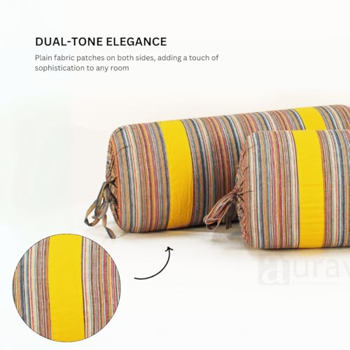 Image of AURAVE Woven Cotton 144 TC Printed Bolster Cover with Drawstring Closure, Set of 2, Soft Breathable Durable Machine Washable for Sofa Bed & Home Decor, 15 inchx30 inch, Mustard | Cover Only