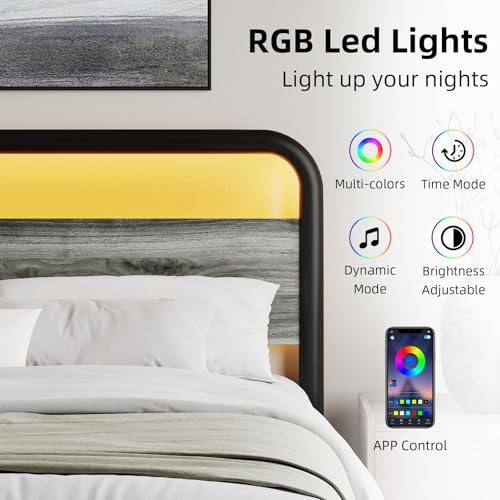 Image of King Size Bed Frame, Wood Headboard and Footboard, LED Lights, Grey | Metal Platform with Heavy Duty Metal Slats Support /12 in Under-Bed Storage /Noise-Free /No Box Spring Needed /Easy Assembly