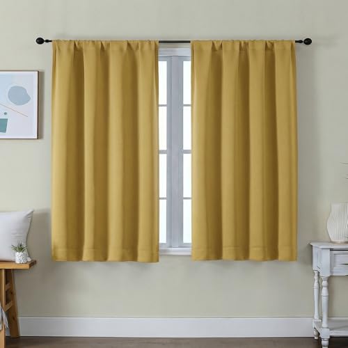 Image of Simplebrand Ava Bright Gold Short Blackout Curtains for Bedroom 45 Inches Long 2 Panels Set, Solid Thermal Insulated, Energy Saving Window Treatment Curtains Blackout Drapes, W40 x L45 Inch