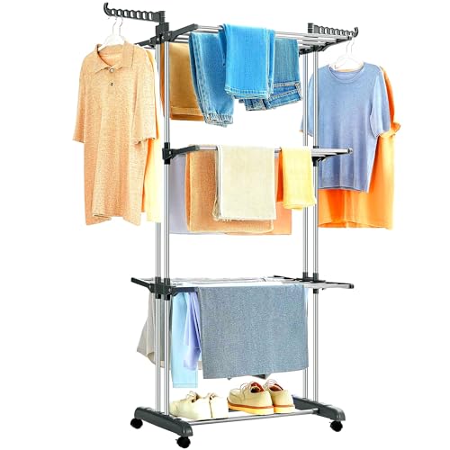 ForenTex Folding Clothes Airer Tower 4 Levels with Lockable Wheel...