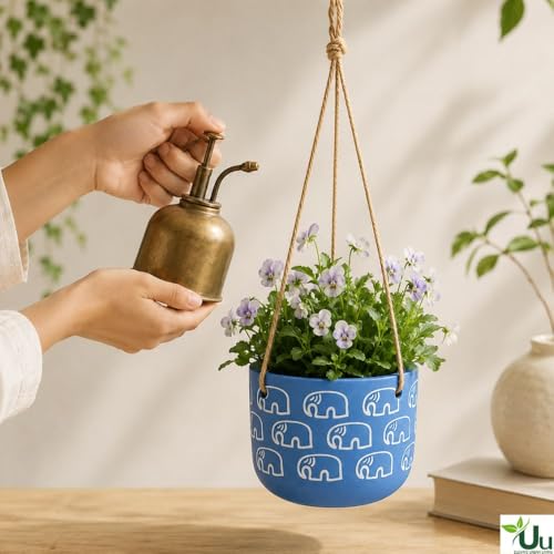 Image of Urban Upvan Elephant Printed Blue Hangingpot with Rope - Premium Decorative Planter for Indoor & Outdoor Plants, Modern Elegant Flower Pot for Home, Garden & Office