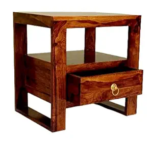 VM DECOR Bedside End Table with Drawer for Living Room | Teak Finish | Wood Type :- Sheesham Wood