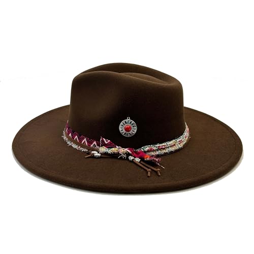 Image of Classic Wide Brim Fedora Hat for Women Man Floppy Panama Hat Western Felt Outdoor Hat with Band Sun Protection