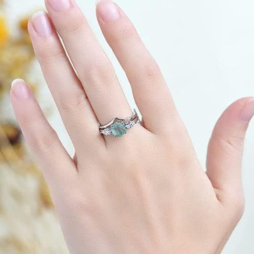 Moss Agate Engagement Ring Set, Hexagon Cut Green Stone Ring, 925 Sterling Silver Bridal Jewelry, Vintage Three Stone Wedding Ring, Antique Silver Anniversary Jewelry for Women