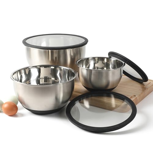 Image of Calphalon Mixing Bowl Set, Stainless Steel Mixing Bowls With Lids, 3-Piece Stainless Steel Mixing Bowls with Glass Lids & Non-Slip Silicone Base, Prep and Storage Bowls Dishwasher Safe