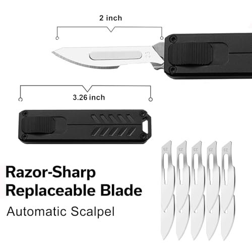 Auto Retractable Utility Knife, Safety Black Automatic Box Cutter, Scalpel Pocket Knife, Push Button EDC Razor Knife with 10PCS #23 Blades