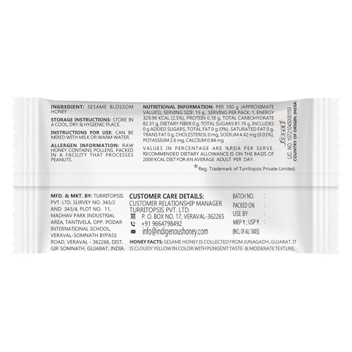 Image of INDIGENOUS HONEY Unprocessed Sesame Honey Natural Raw Organic Pure Added Sugar Free NMR Tested Unpasteurized Unheated 15 Hygienic Sachets 15g Each Total 225g