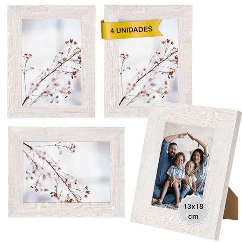 MARCOFOTO Marco de Fotos para Pared - Set de 4 Portafotos MDF con Cristal, uso vertical u horizontal - Decoración hogar u oficina, diplomas - Color Blanco Rústico 13x18 cm