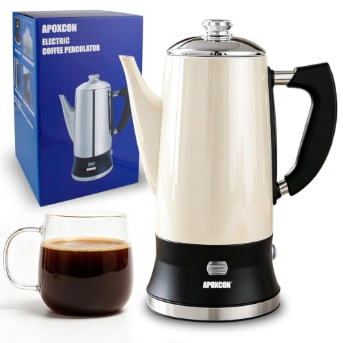 Image of APOXCON Electric Coffee Percolator All Stainless Steel Coffee Maker with Glass Knob Classic Coffee Pot with Keep Warm Cordless Serve - No Aluminum No Plastic Contact with Beverage Cream (12 Cup)