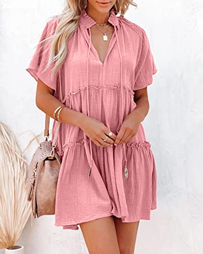 Image of Dellytop Womens Drawstring V Neck Dress Ruffle Tiered Short Sleeve Babydoll Tunic Swing Sundresses