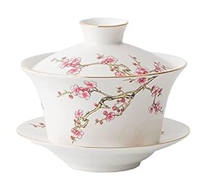 YBK Tech 10oz Large Gaiwan, Porcelain Kung Fu Tea Cup and Saucer with Lid, Chinese Traditional Gaiwan, Sancai Tea Bowl - Embossed Plum Patterns (White)