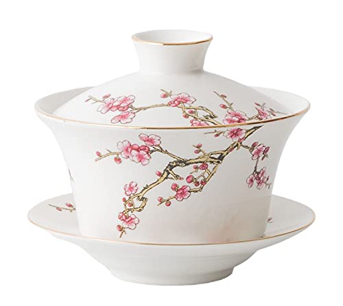 Image of YBK Tech 10oz Large Gaiwan, Porcelain Kung Fu Tea Cup and Saucer with Lid, Chinese Traditional Gaiwan, Sancai Tea Bowl - Embossed Plum Patterns (White)