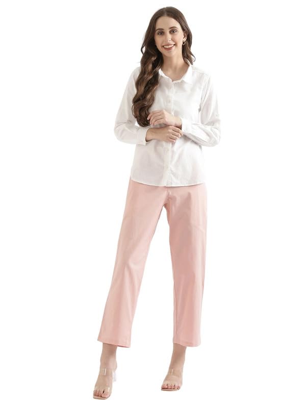 Image of SAADAA Women's Airy Linen Straight Pants | Regular Fit Trousers | Half Elasticated with Drawstrings & Buttons | 4 Pockets | Everyday & Office Wear
