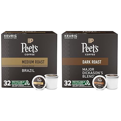 Peet's Coffee, Medium and Dark Roast Keurig K-Cup Pods Bundle - Single Origin Brazil and Major Dickason's Blend, 64 Count (2 Boxes of 32 K-Cup Pods)
