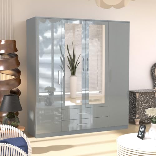 URBAN FURNISHING 4 Door Wardrobe with Drawers, Hanging Rails & Shelves Modern High Gloss Wardrobe for Bedroom (Grey)