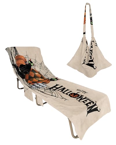 Halloween Beach Lounge Chair Towel Cover, Soft Chaise Lounge Towel with Side Pockets Patio Pool Chairs Cover for Beach/Pool Sunbathing 29x85 Orange Black Plaid Pumpkins Cat