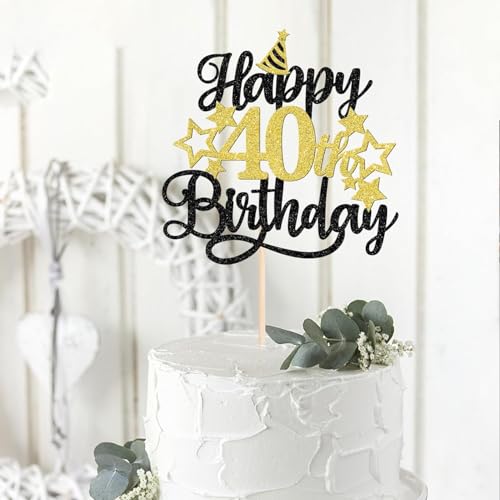 Image of Confetti! Glittering 40th Birthday Cake Topper with Star Hat - Cheers to 40 Years! Fabulous Cake Decorations for Adults 40th Birthday & Anniversary Party Supply