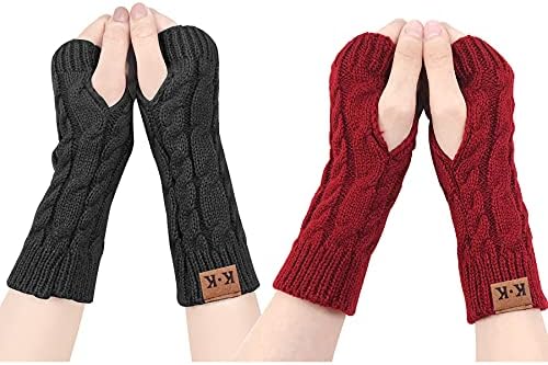 Women Fingerless Gloves - Winter Arm Warmers Thumb Hole Wrist Gloves Thermal Knitted Gloves Fingerless Mittens for Women Men